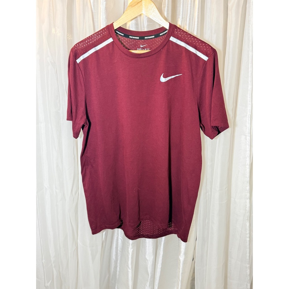 Nike Running Shirt Mens L Burgundy Dri-FIT Mesh Back Reflective Short Sleeve